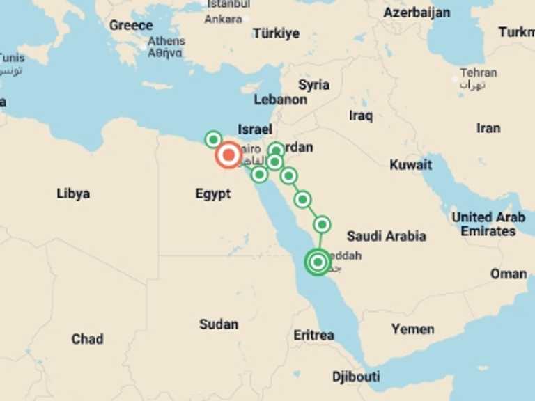 Map of Africa Cultural, religious and historic sites Tour with 9 destination visits for the trip: Arabia, Jordan, Alexandria and Cairo