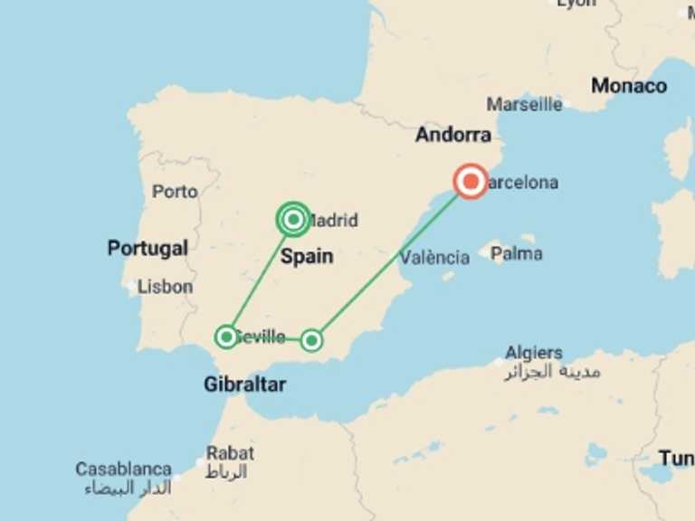 Map itinerary of Mediterranean Tour in July 2026 with 4 destination visits for the trip: Spanish Experience