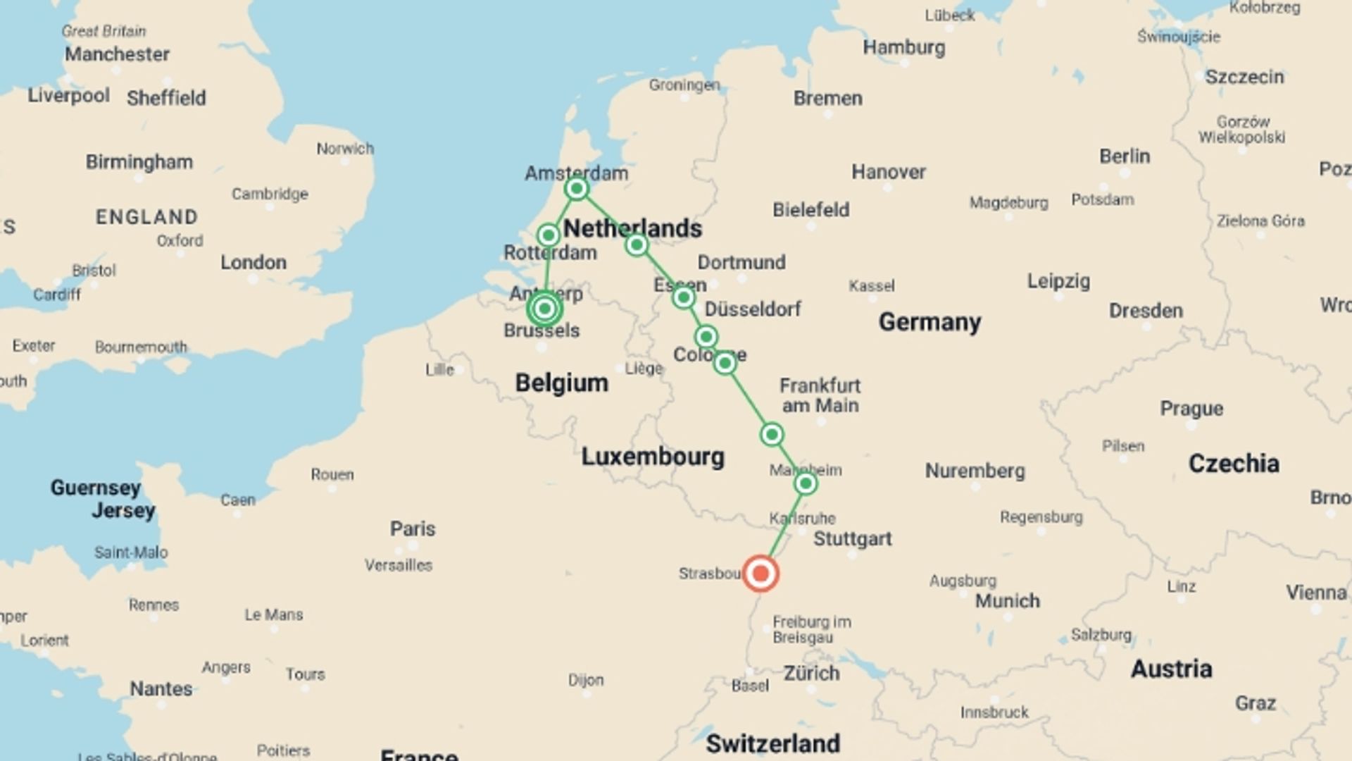 A map showing the tour itinerary for the trip: Holland and the romantic Rhine valley (port-to-port cruise), starting in Antwerp, Belgium and ending in Strasbourg, France going through 6 other destinations.