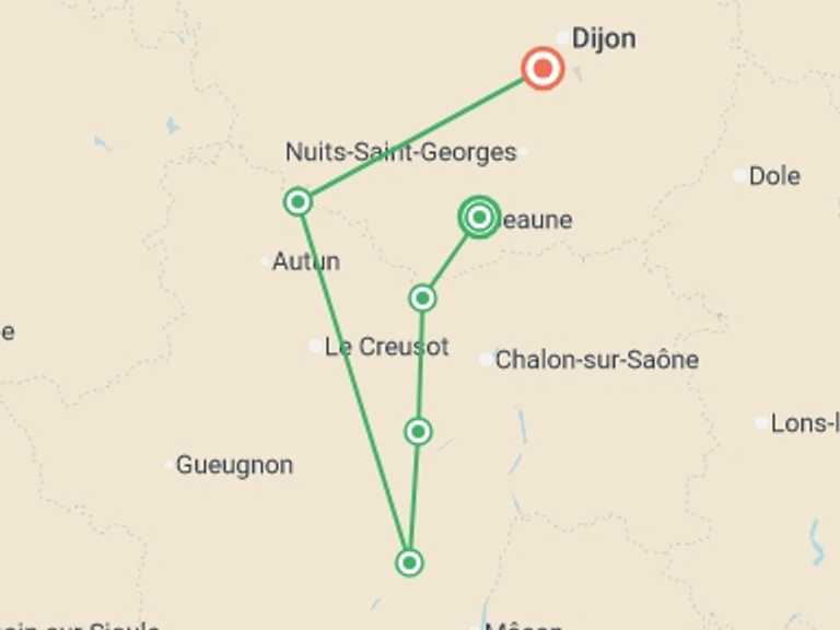 Map itinerary of Europe Tour in September 2026 with 6 destination visits for the trip: Burgundy Canals and Vineyards