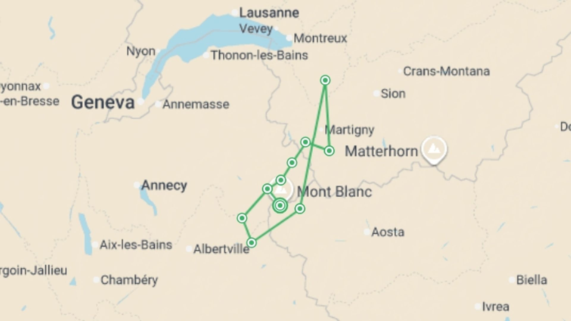 A map showing the tour itinerary for the trip: Classic Tour du Mont Blanc in Comfort, starting in Mont Blanc, France and ending in Mont Blanc, France going through 1 other destinations.