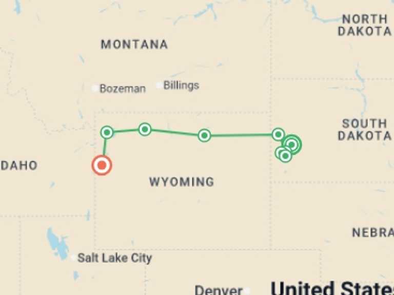 Map itinerary of North America Tour in September 2026 with 5 destination visits for the trip: America's Cowboy Country 