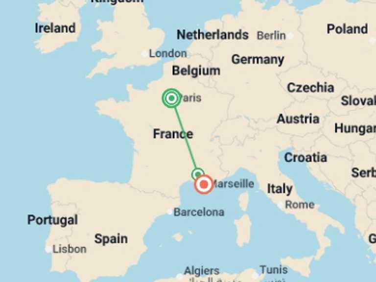Map of France Local culture Tour with 5 destination visits for the trip: Scenic Paris and Provence Self Drive