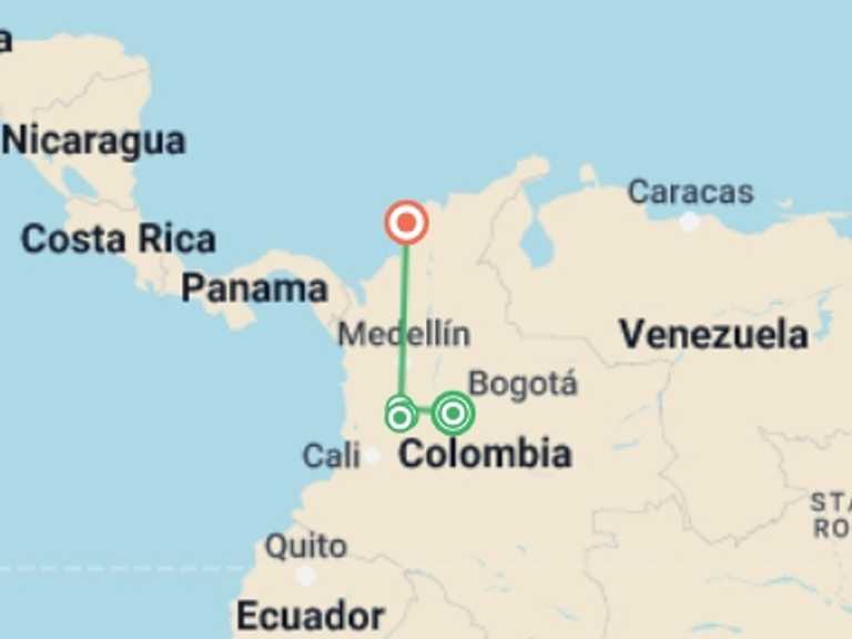 Map itinerary of Bogota Tour in Fall with 3 destination visits for the trip: Best of Colombia and the Coffee Triangle