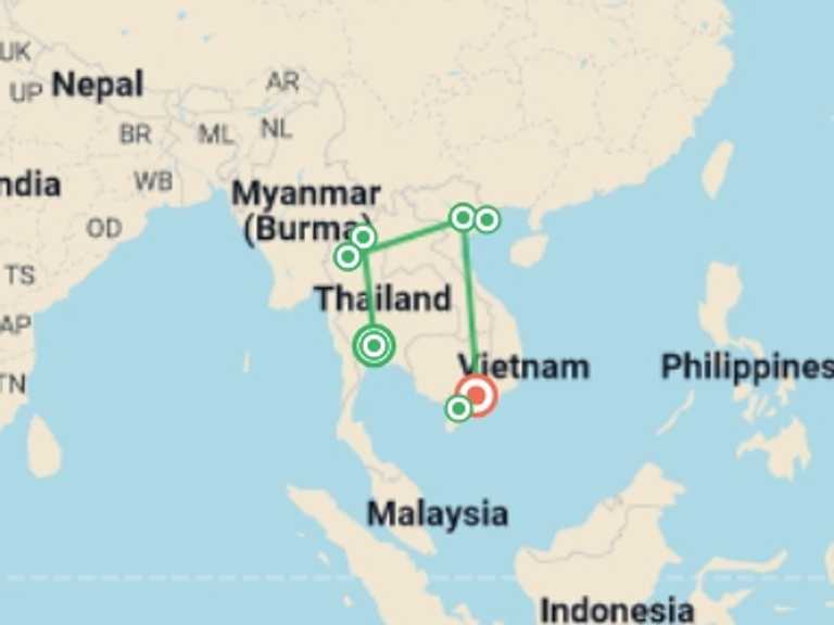 Map itinerary of South East Asia Tour in October 2026 with 8 destination visits for the trip: Scenic Thailand & Vietnam - 13 days