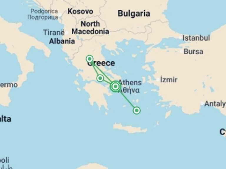 Map itinerary of Mediterranean Tour in Summer with 3 destination visits for the trip: The Greek Gems: Athens, Delphi, Meteora And Santorini, Spanish-speaking Guide