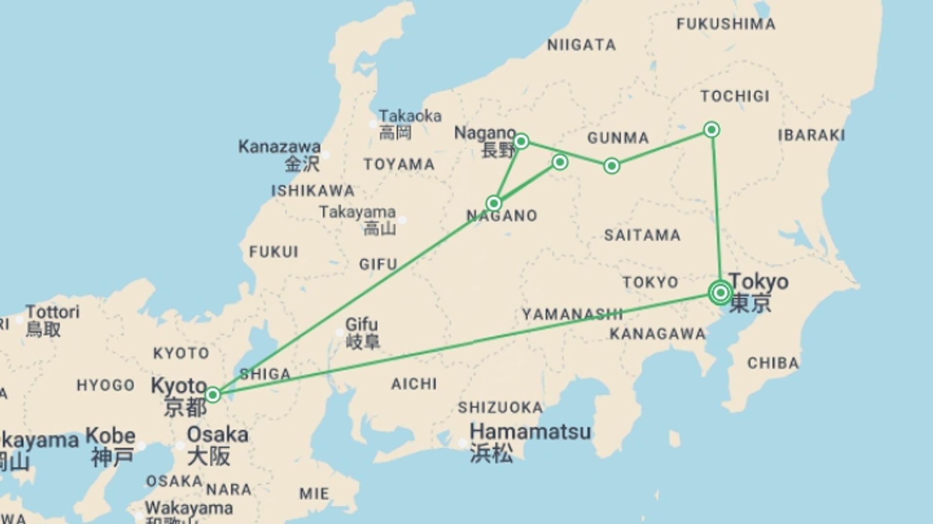 A map showing the tour itinerary for the trip: Tokyo, Kyoto and Alps, starting in Tokyo, Japan and ending in Tokyo, Japan going through 3 other destinations.