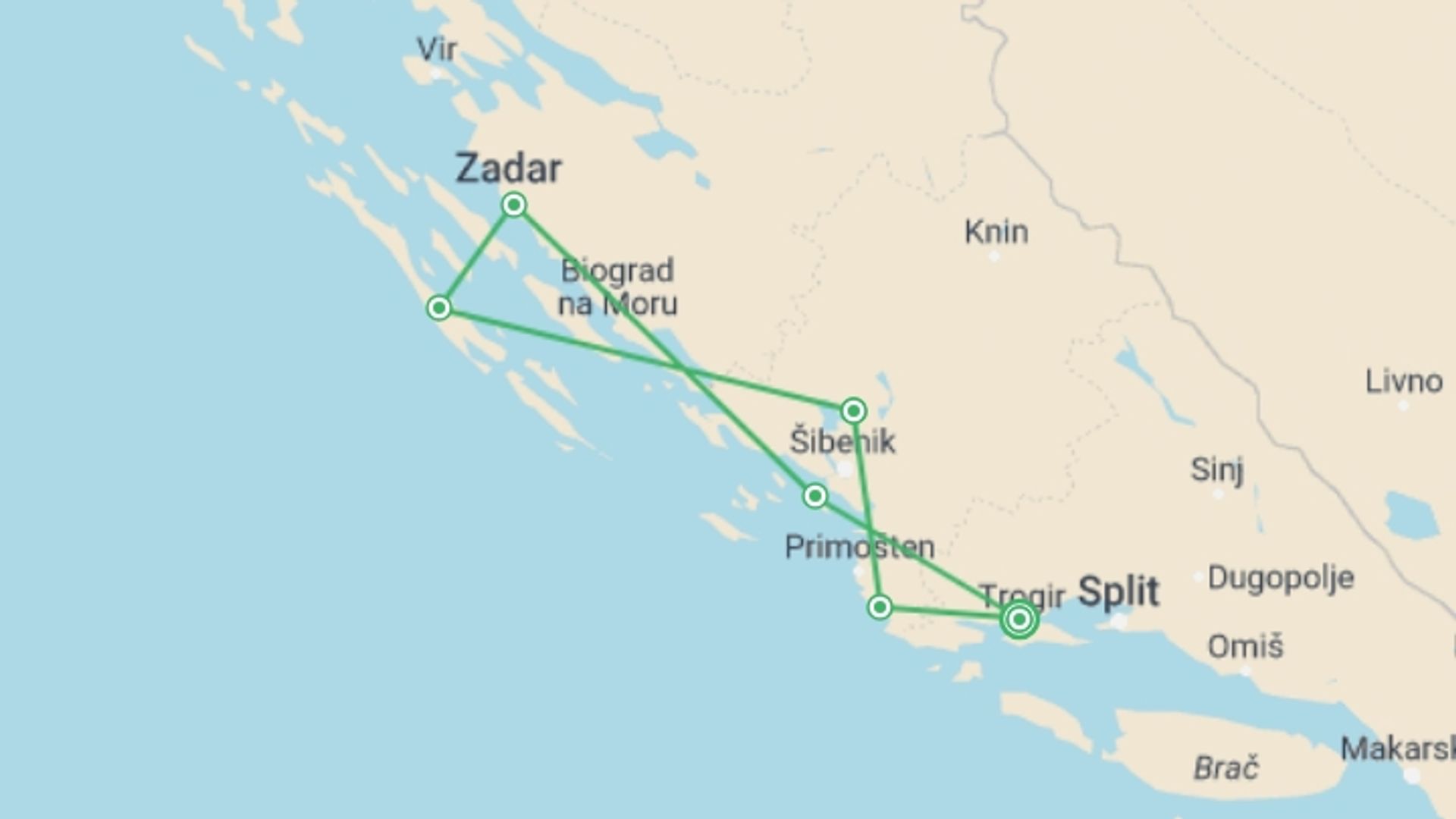 A map showing the tour itinerary for the trip: North Dalmatia Bike and Boat, starting in Trogir, Croatia and ending in Trogir, Croatia going through 5 other destinations.