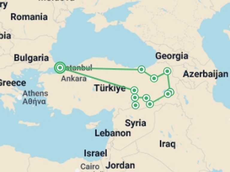 Map of 14-Day Istanbul Tour with 11 destination visits for the trip: Eastern Turkey From Istanbul - 14 days