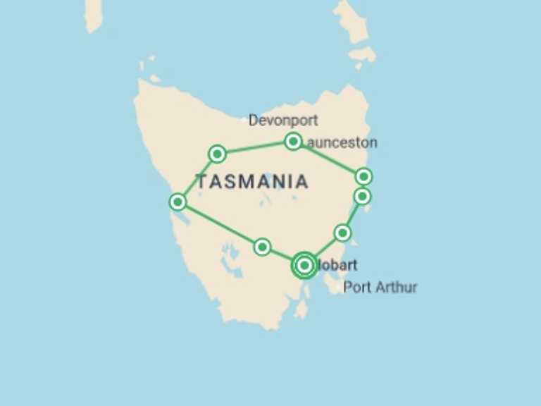 Map itinerary of Oceania Tour in March 2027 with 6 destination visits for the trip: Perfect Tasmania