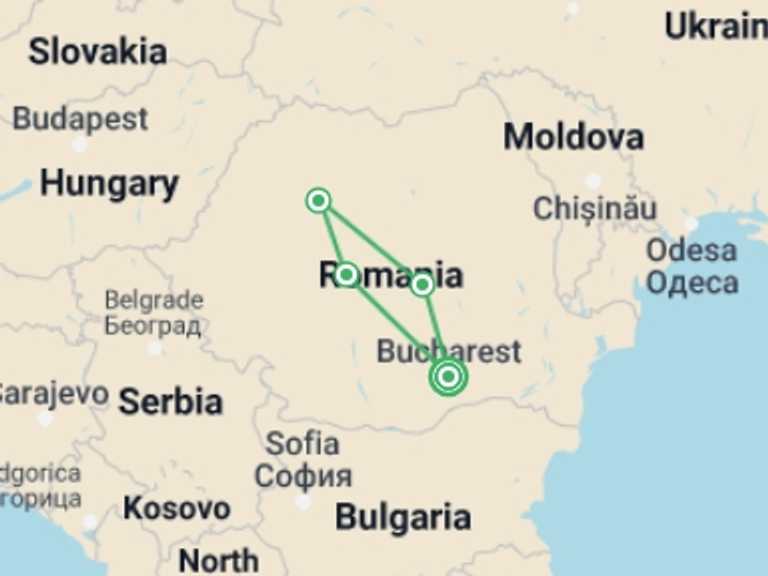 Map of Romania Tour with 4 destination visits for the trip: Highlights of Transylvania (4 Star Hotels)