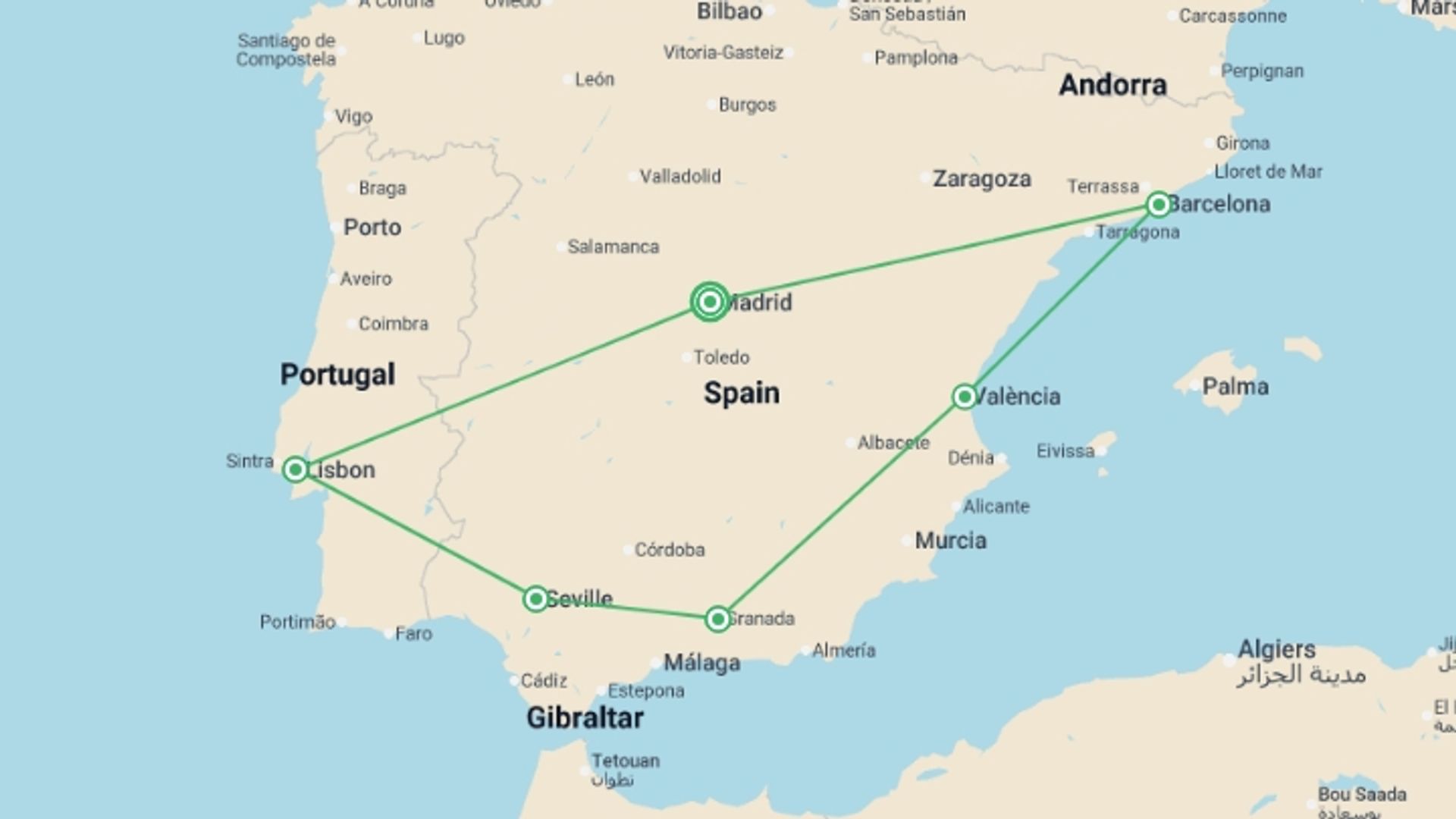 A map showing the tour itinerary for the trip: Great Iberian Route (without Alhambra), starting in Madrid, Spain and ending in Madrid, Spain going through 5 other destinations.