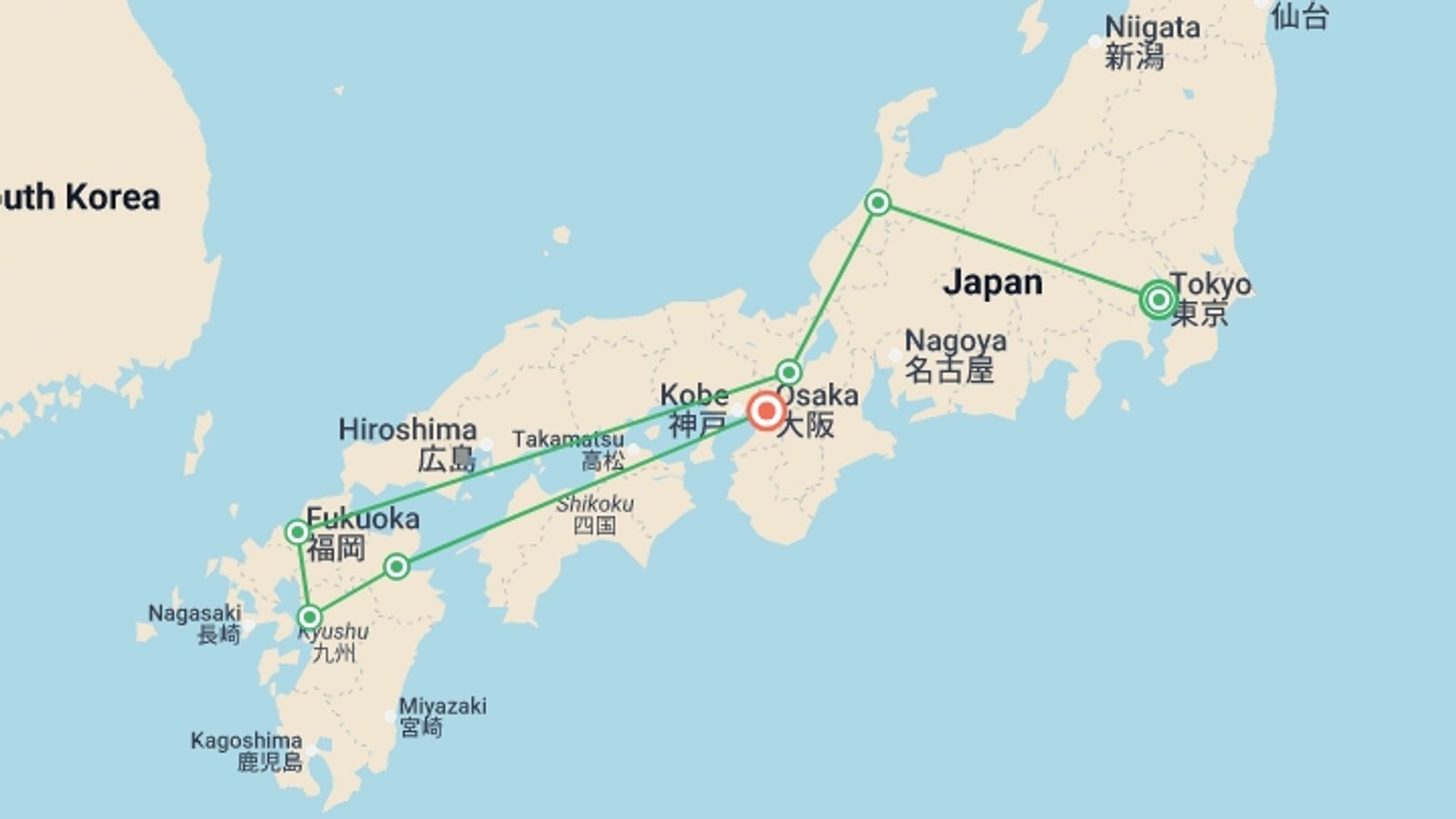 A map showing the tour itinerary for the trip: Timeless Japan - 13 days, starting in Tokyo, Japan and ending in Osaka, Japan going through 5 other destinations.