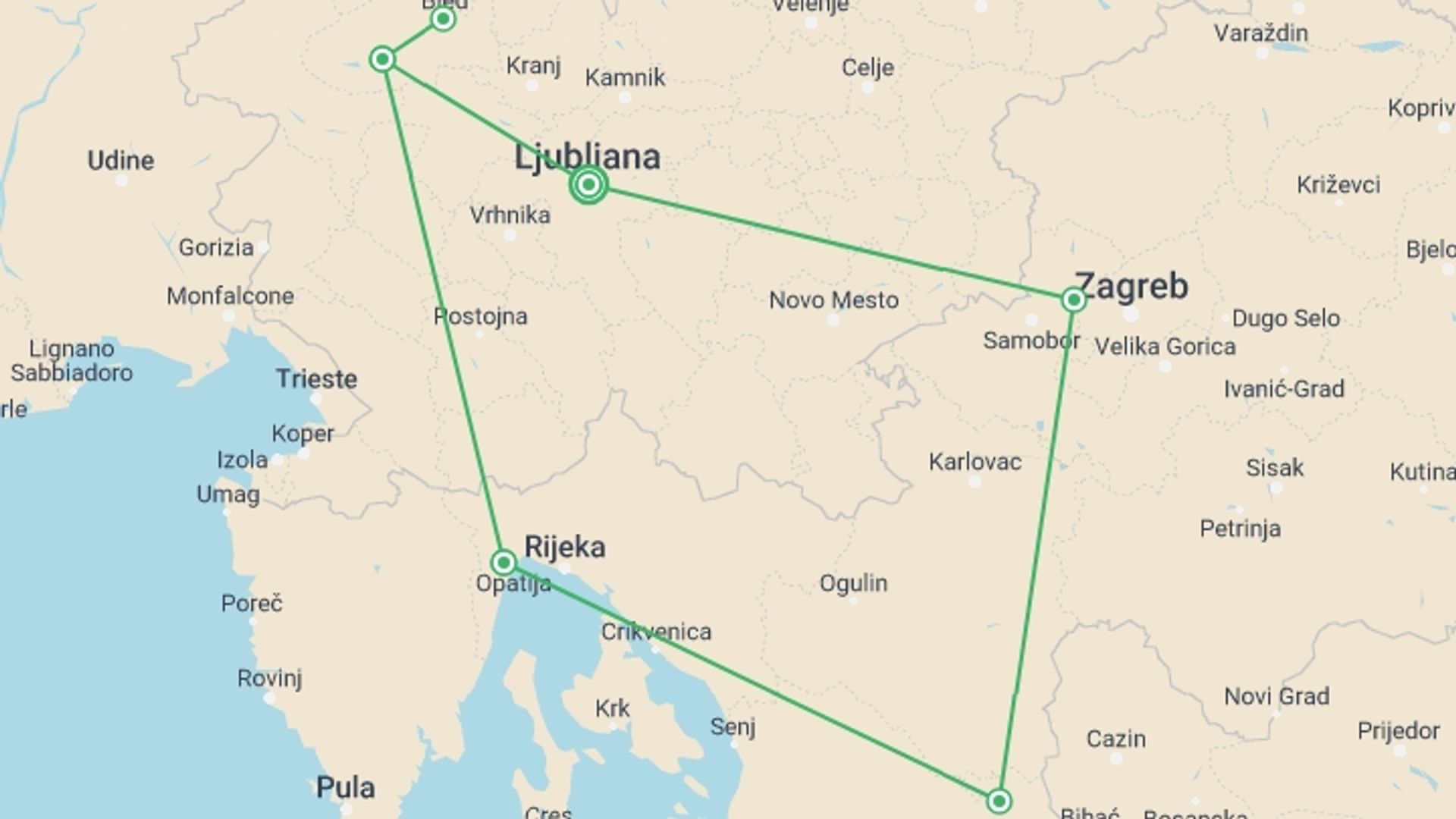 A map showing the tour itinerary for the trip: Natural Wonders of Croatia & Slovenia Small Group, starting in Ljubljana, Slovenia and ending in Ljubljana, Slovenia going through 3 other destinations.
