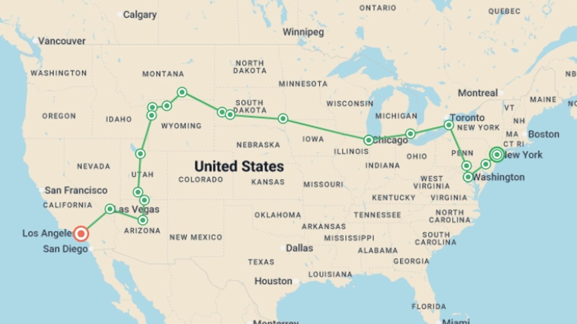 A map showing the tour itinerary for the trip: New York to Hollywood, starting in New York, USA and ending in Los Angeles, USA going through 13 other destinations.