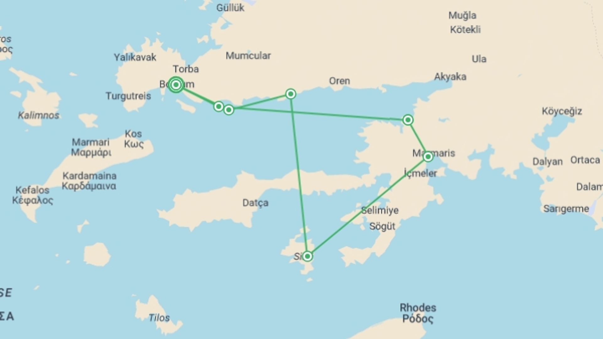 A map showing the tour itinerary for the trip: Gulet Cruise, Bodrum – Gulf Of Gokova – Bodrum, starting in Bodrum, Turkey and ending in Bodrum, Turkey going through 4 other destinations.