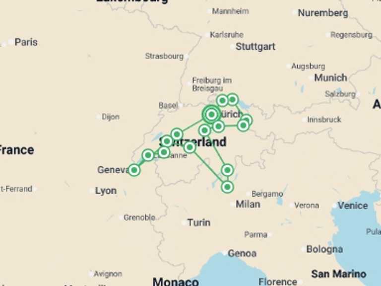 Map of Europe Cultural, religious and historic sites Tour with 6 destination visits for the trip: Switzerland´s Best