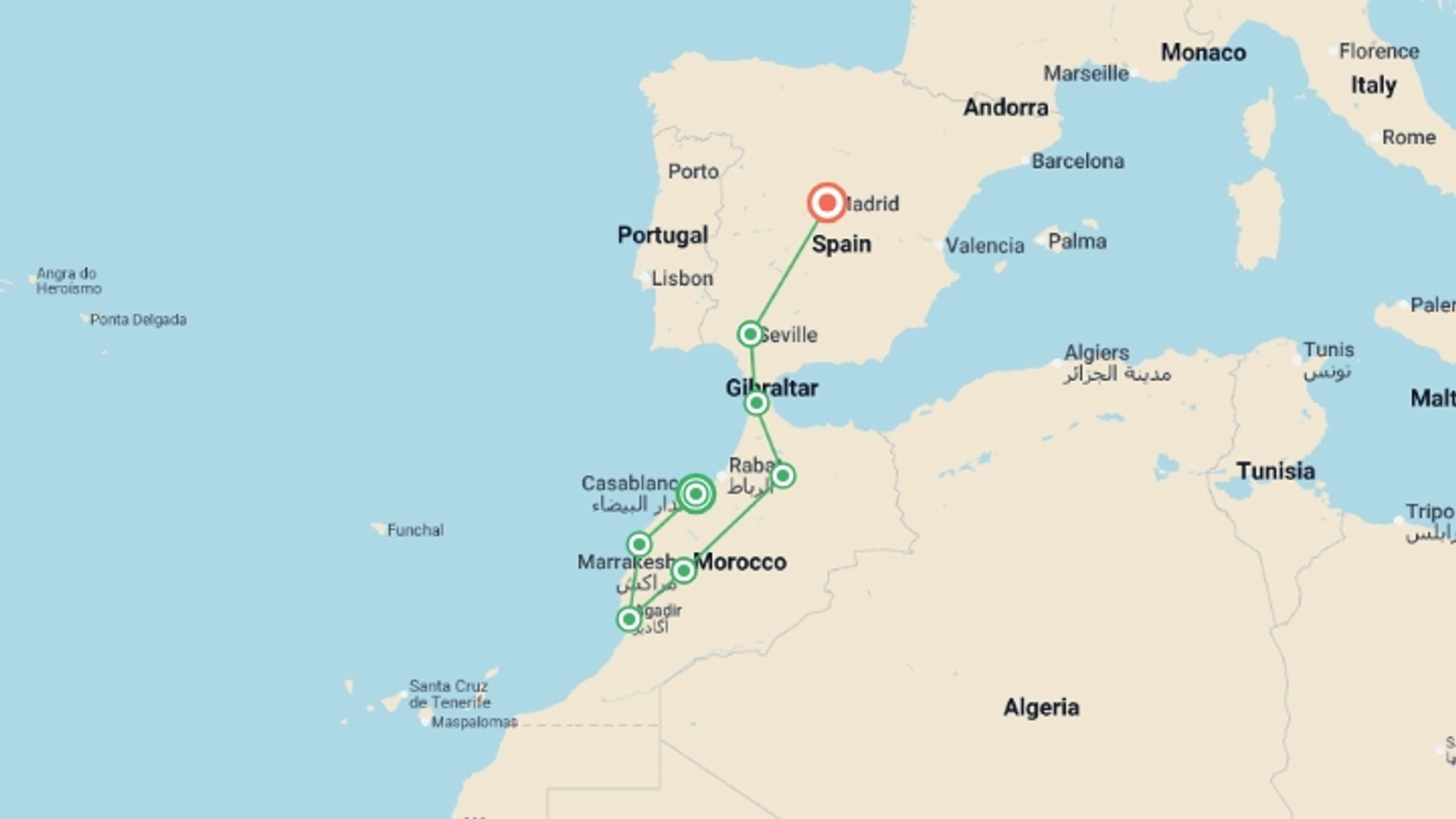 A map showing the tour itinerary for the trip: Atlantic Morocco, Seville and Madrid, starting in Casablanca, Morocco and ending in Madrid, Spain going through 6 other destinations.