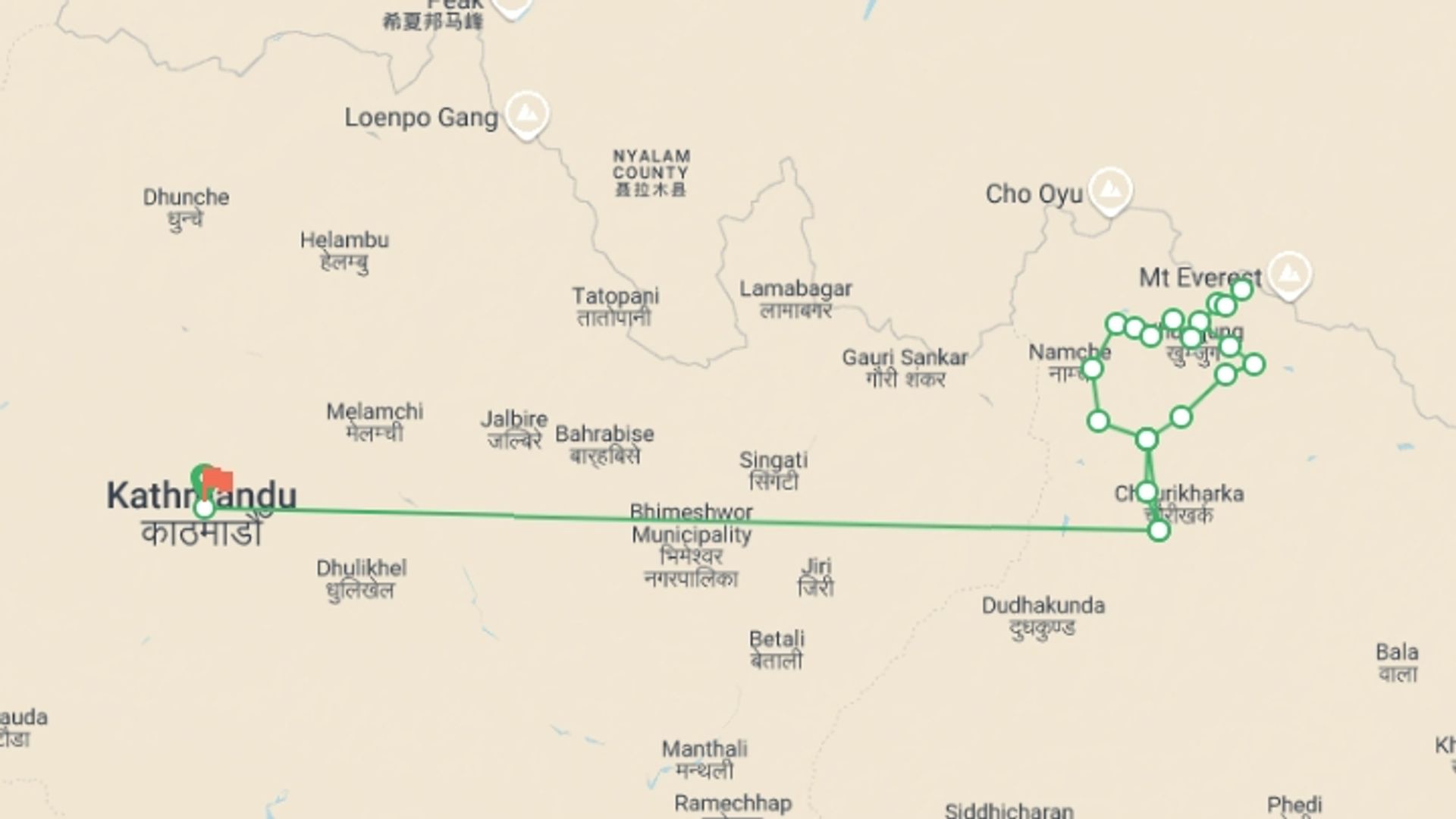 A map showing the tour itinerary for the trip: Everest Three High Passes Trekking, starting in Kathmandu, Nepal and ending in Kathmandu, Nepal going through 14 other destinations.