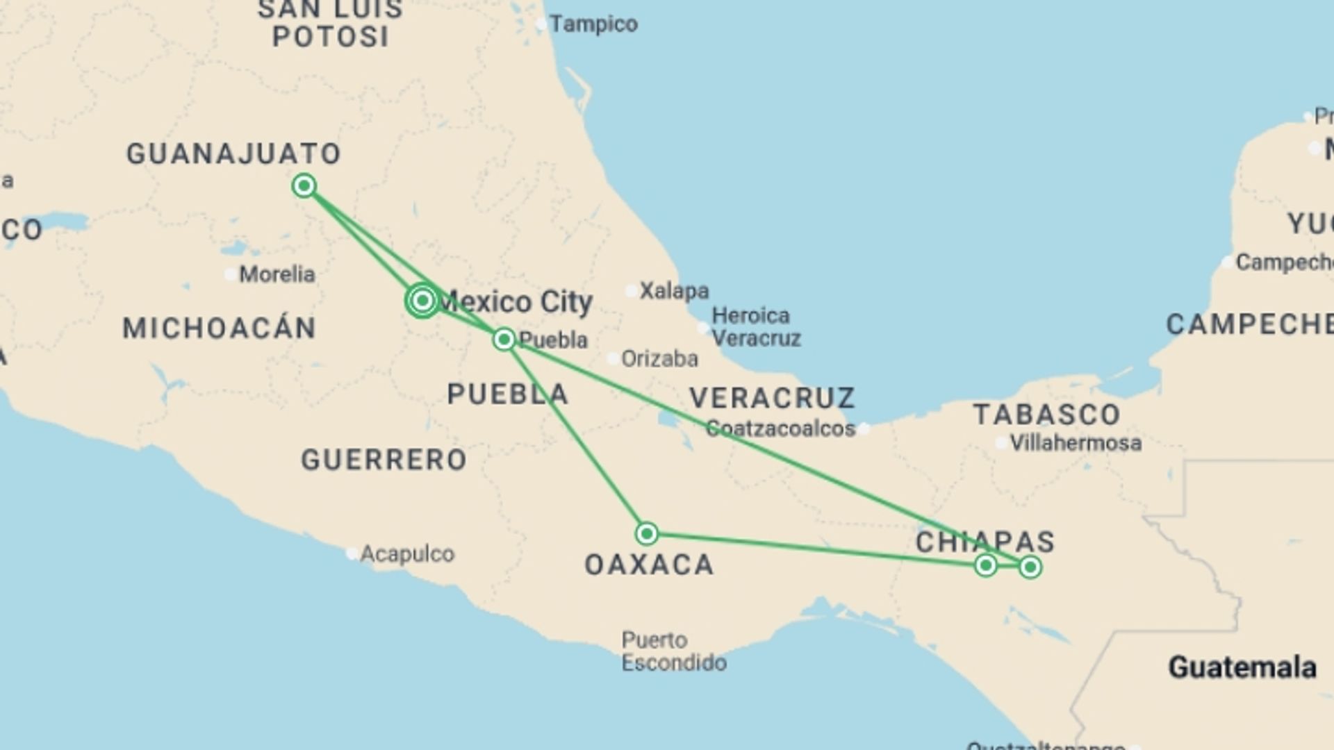 A map showing the tour itinerary for the trip: Mexico: Paths of Tradition, starting in Mexico City, Mexico and ending in Mexico City, Mexico going through 5 other destinations.