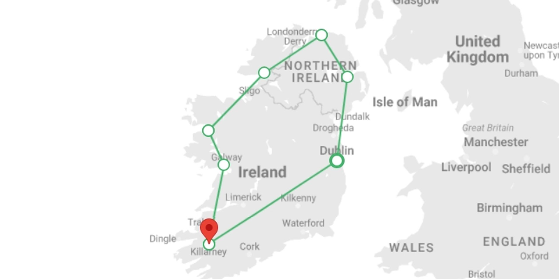 A map showing the tour itinerary for the trip: Ireland in Depth, starting in Dublin, Ireland and ending in Killarney, Ireland going through 4 other destinations.