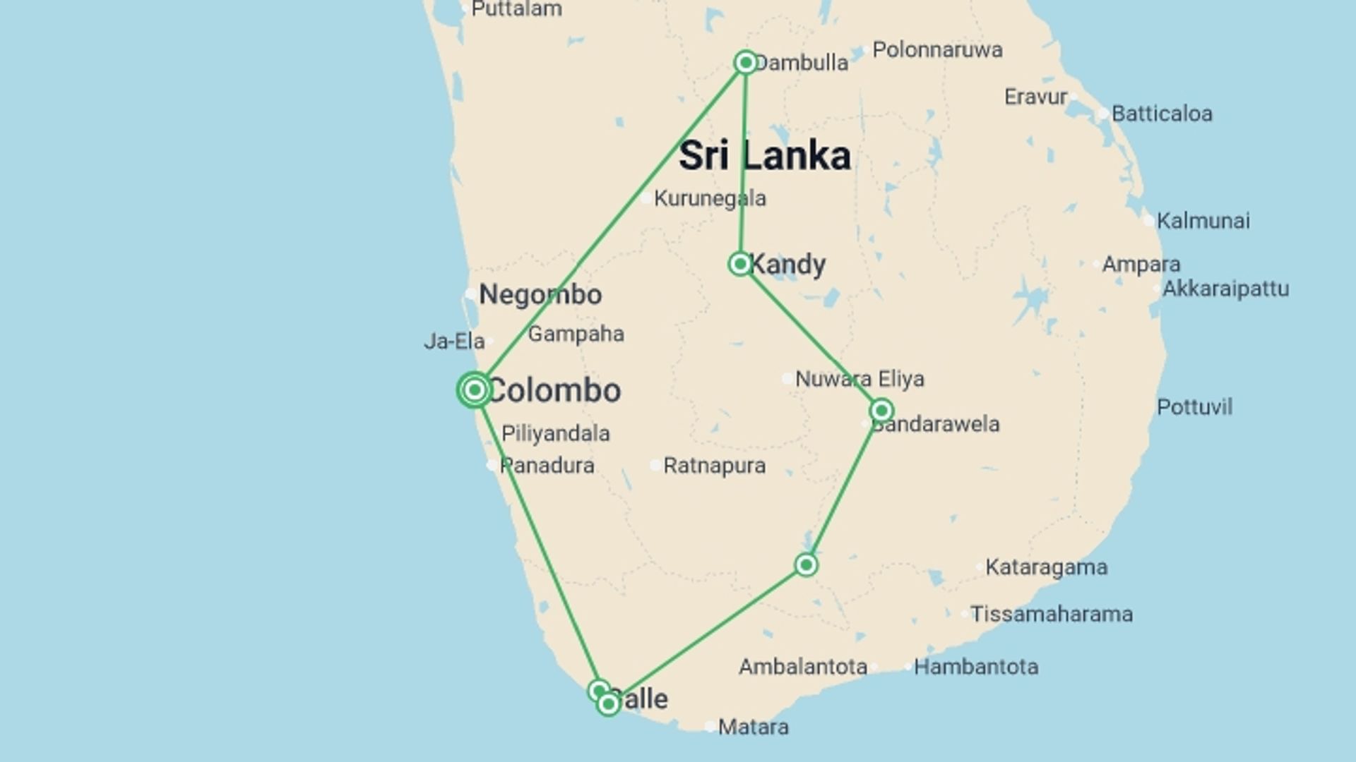 A map showing the tour itinerary for the trip: Sri Lanka on a Shoestring, starting in Colombo, Sri Lanka and ending in Colombo, Sri Lanka going through 5 other destinations.