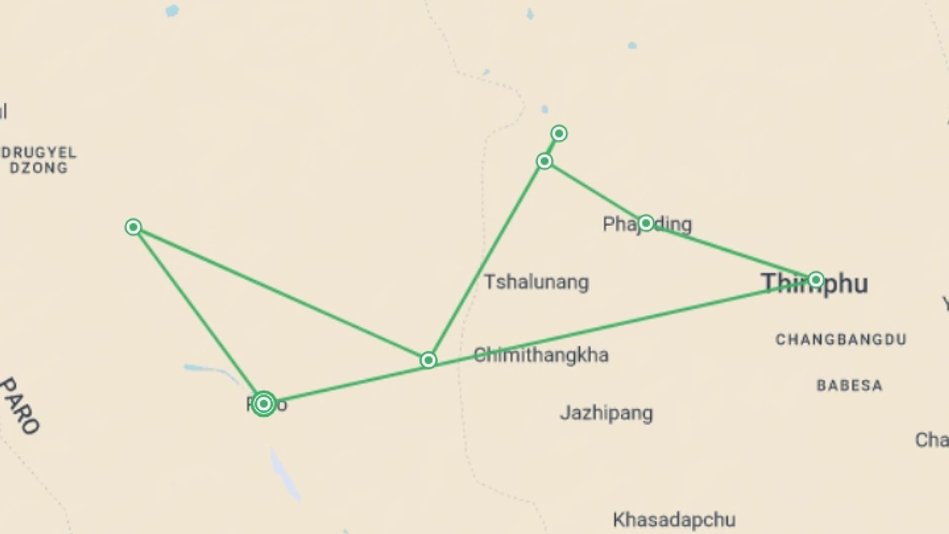A map showing the tour itinerary for the trip: Druk Path Trekking, starting in Paro, Bhutan and ending in Paro, Bhutan going through 8 other destinations.