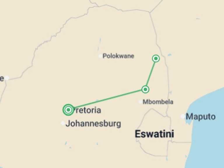Map itinerary of Africa Tour in June 2026 with 3 destination visits for the trip: 4-day Kruger Safari Camping
