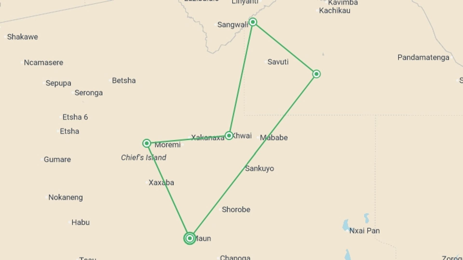 A map showing the tour itinerary for the trip: Signature Botswana: Private Charters, Luxury Camps, Timeless Safari, starting in Maun, Botswana and ending in Maun, Botswana going through 4 other destinations.