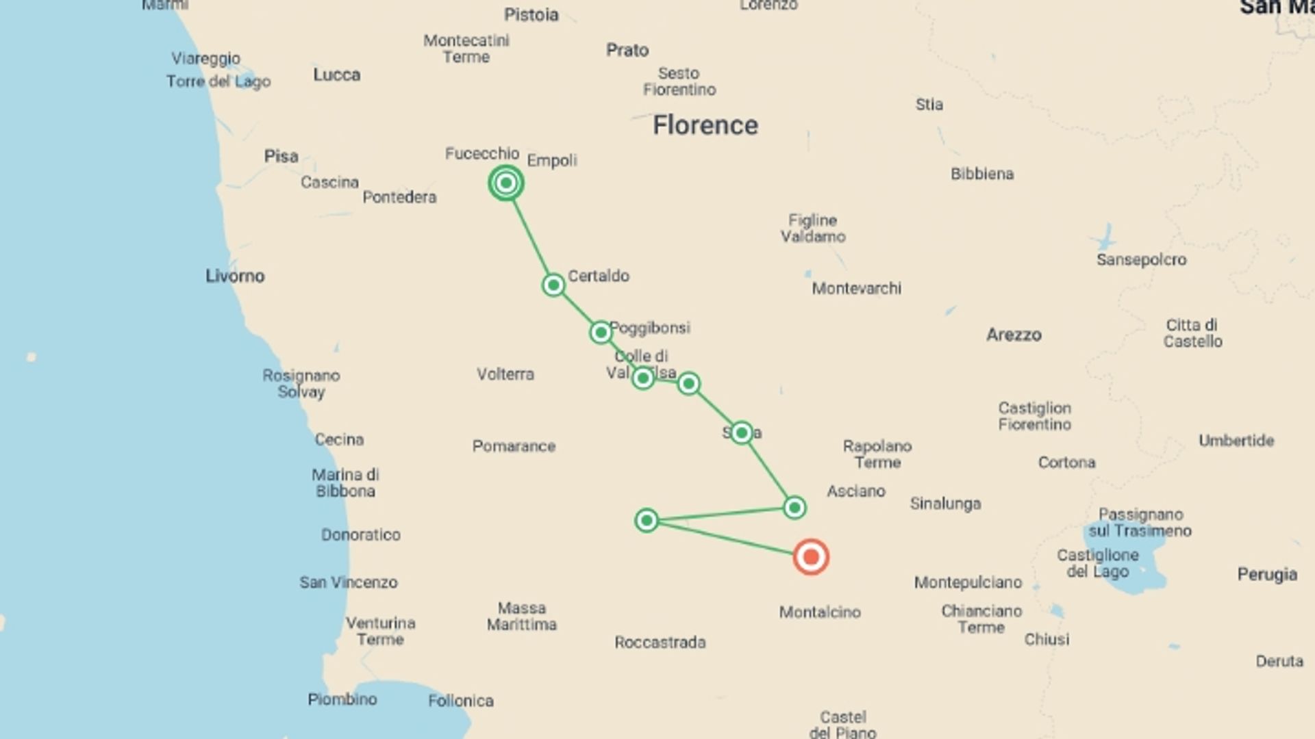 A map showing the tour itinerary for the trip: Via Francigena: Best of Tuscany, starting in San Miniato Alto, Italy and ending in Buonconvento, Italy going through 7 other destinations.