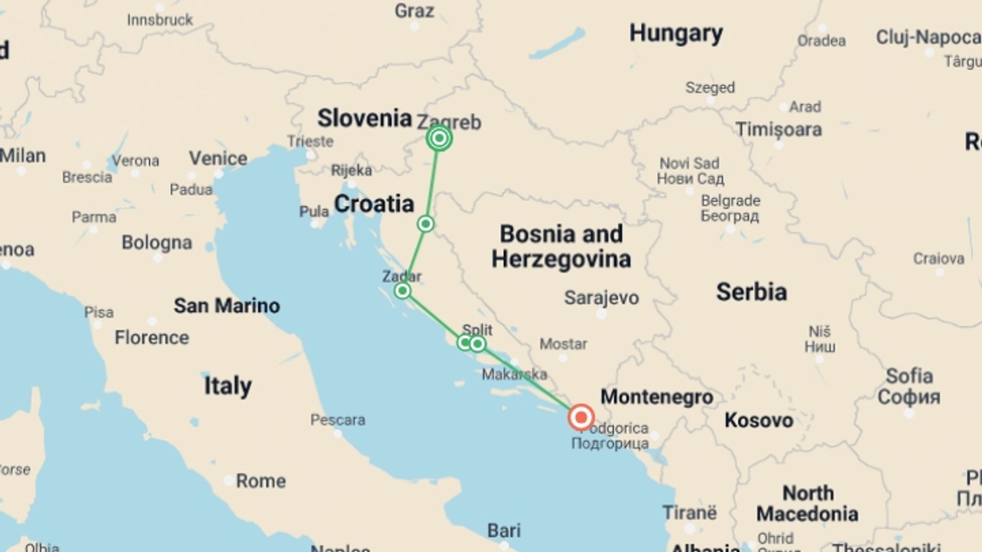 A map showing the tour itinerary for the trip: Croatia Unveiled: An 8-Day Small Group Journey, starting in Zagreb, Croatia and ending in Dubrovnik, Croatia going through 2 other destinations.
