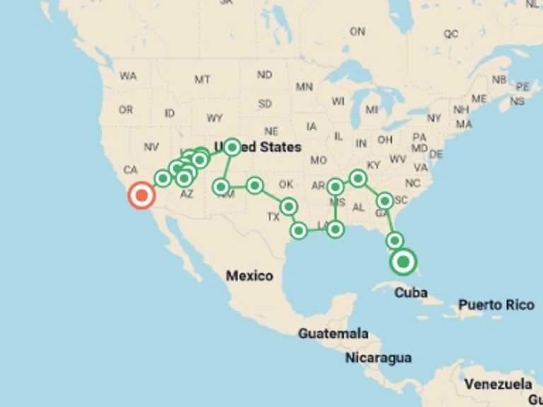 Map itinerary of North America Tour in June 2026 with 16 destination visits for the trip: USA Road Trip