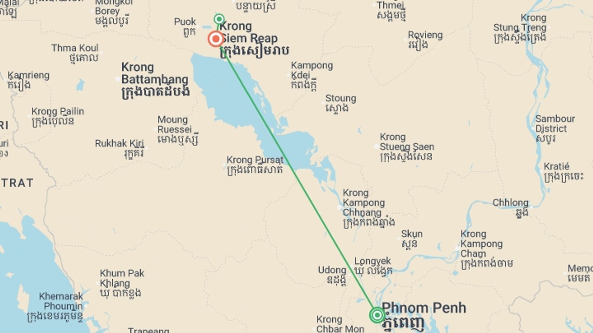 A map showing the tour itinerary for the trip: Cambodia Highlights, starting in Phnom Penh, Cambodia and ending in Siem Reap, Cambodia going through 1 other destinations.