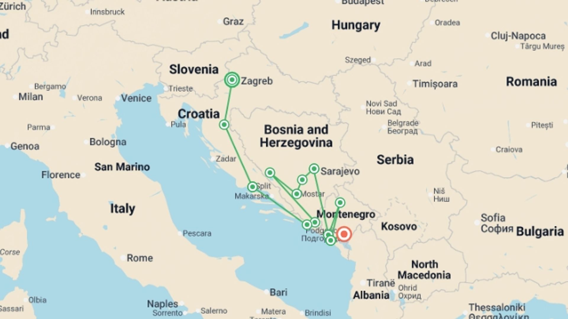 A map showing the tour itinerary for the trip: Croatia to Montenegro: Nightlife & National Parks, starting in Zagreb, Croatia and ending in Podgorica, Montenegro going through 11 other destinations.