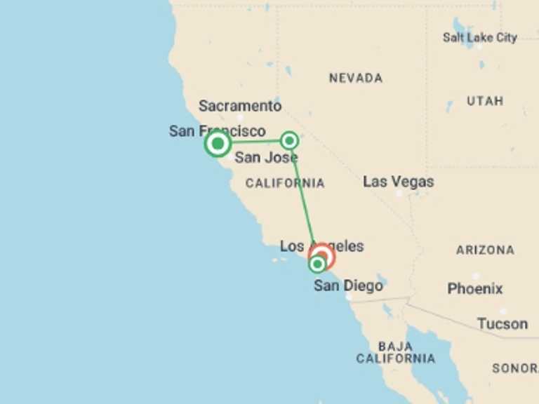 Map itinerary of San Francisco Tour in Fall with 4 destination visits for the trip: USA Road Trip — Yosemite Hiking & Cali Surfing
