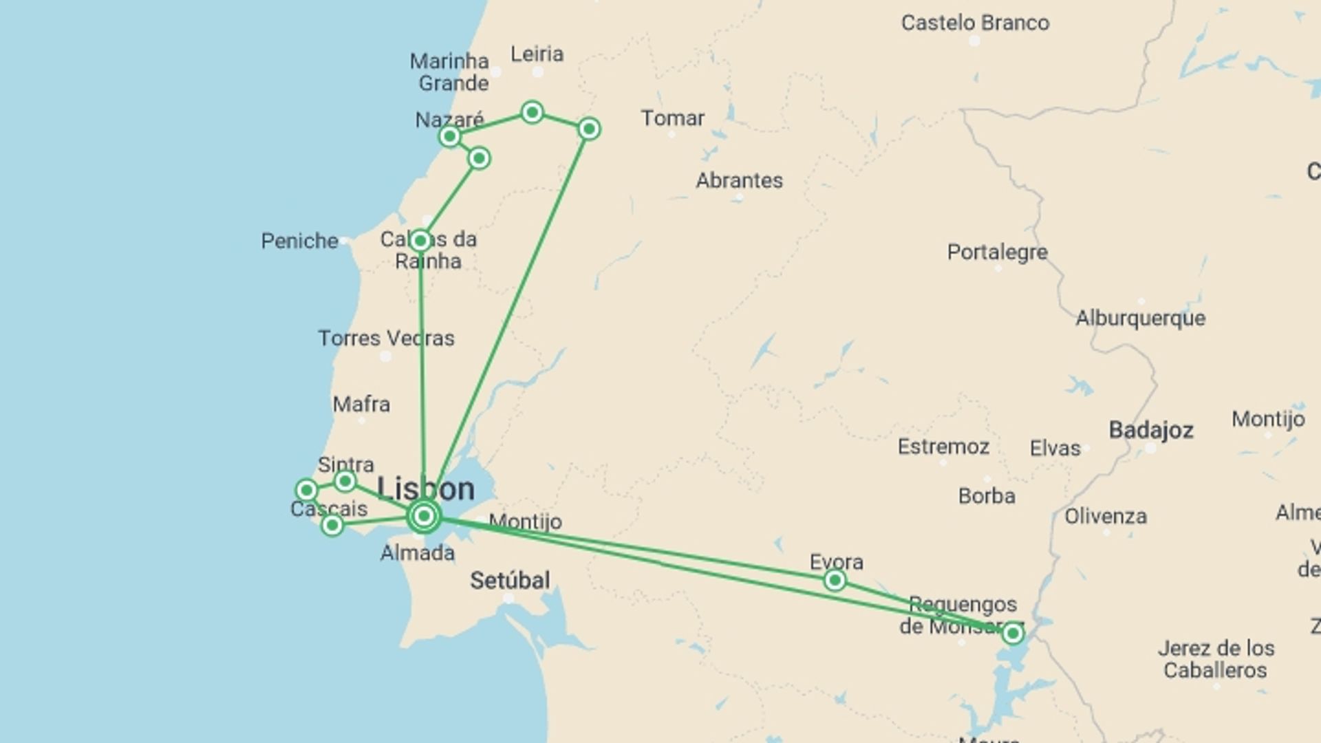 A map showing the tour itinerary for the trip: Wonders Of Portugal, starting in Lisbon, Portugal and ending in Lisbon, Portugal going through 0 other destinations.