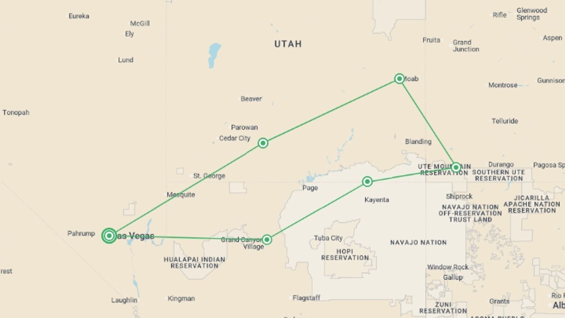 A map showing the tour itinerary for the trip: Wonders of the American West, starting in Las Vegas, USA and ending in Las Vegas, USA going through 5 other destinations.