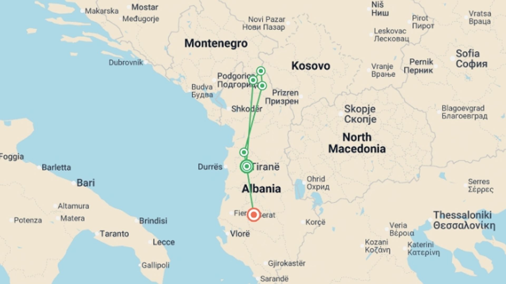A map showing the tour itinerary for the trip: Walking in Albania, starting in Tirana, Albania and ending in Berat, Albania going through 4 other destinations.
