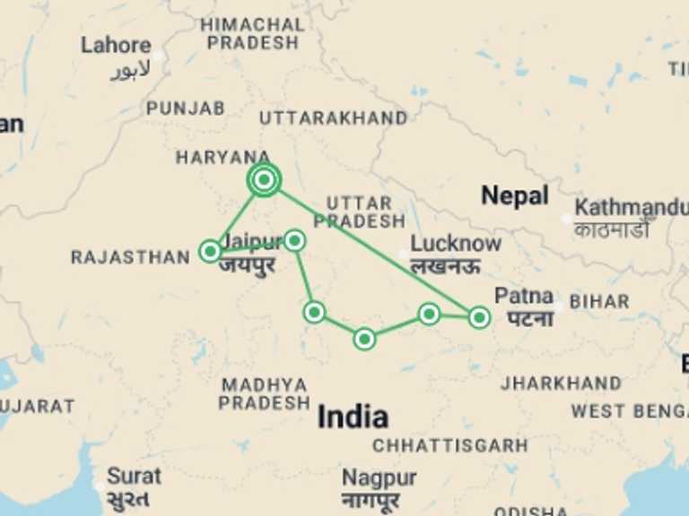 Map of 10-Day South Asia Tour with 7 destination visits for the trip: Classic North India, Italian-speaking Guide