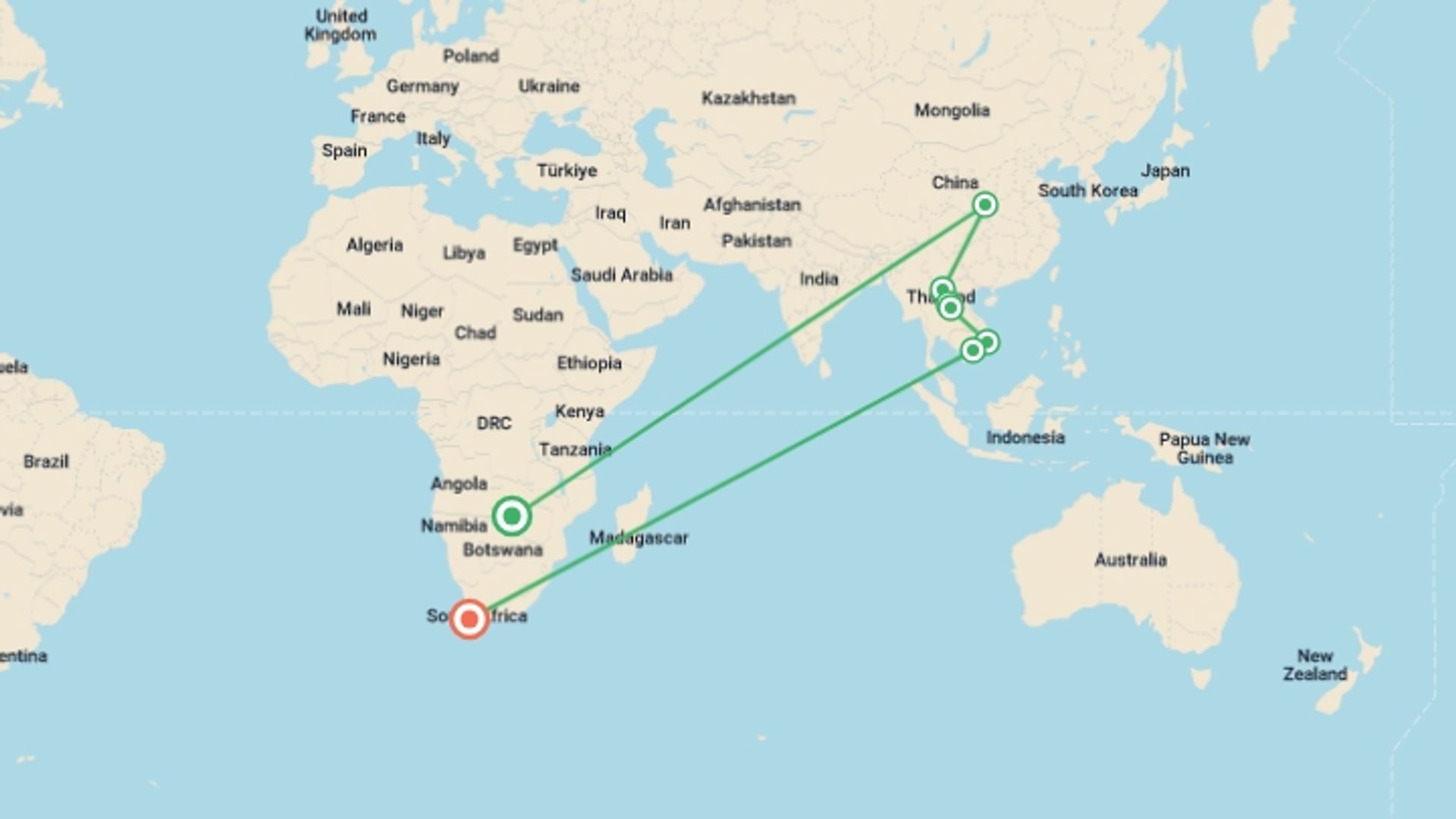 A map showing the tour itinerary for the trip: BEIJING TO HO CHI MINH CITY (28 days), starting in Victoria Falls, Zimbabwe and ending in Cape Town, South Africa going through 6 other destinations.