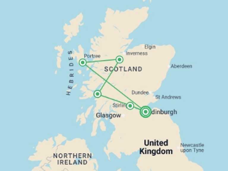 Map itinerary of Europe Tour in April 2027 with 4 destination visits for the trip: Scotland at Leisure
