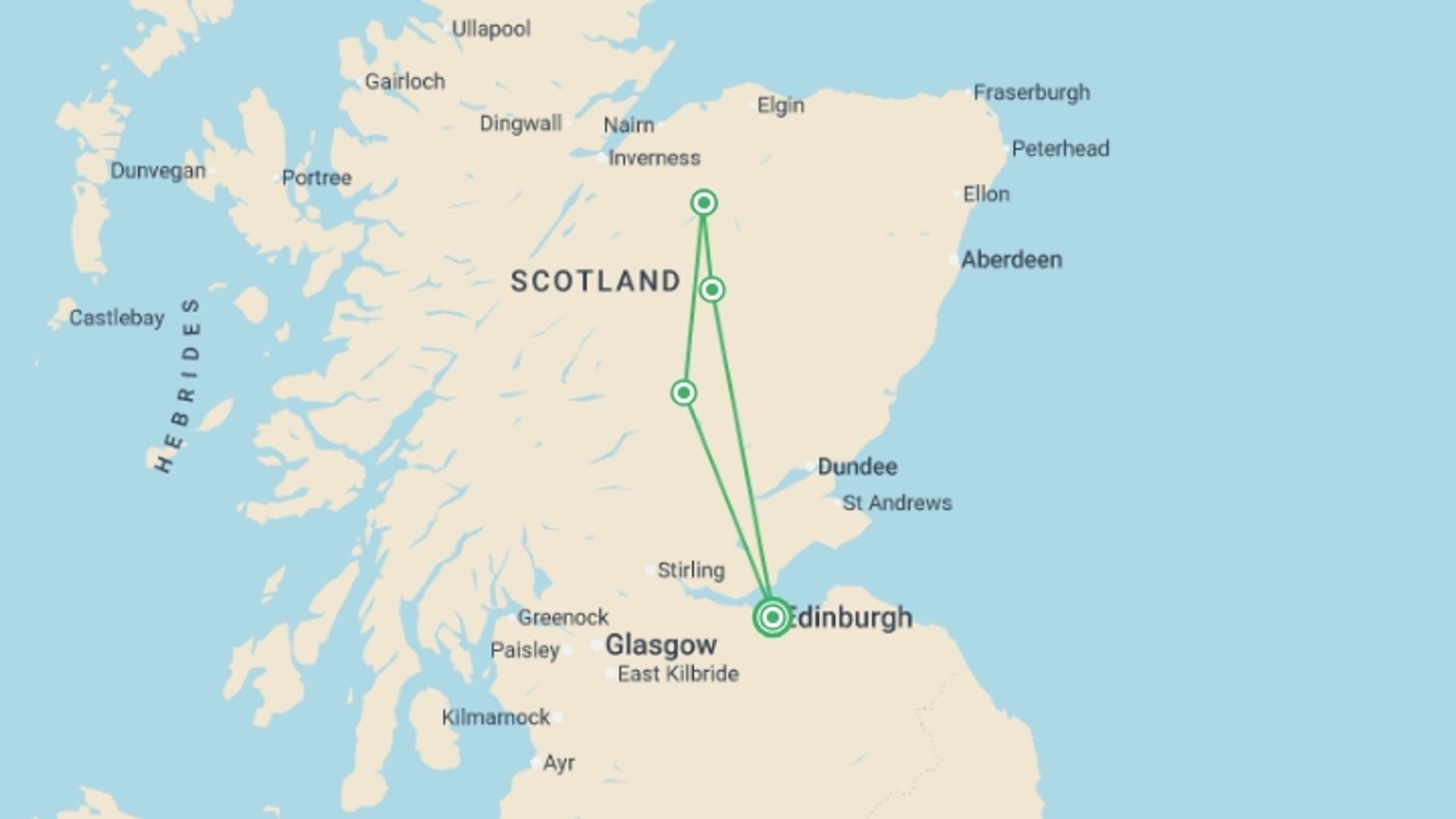 A map showing the tour itinerary for the trip: Scotland Whisky Trail (Hotel) - 3 days, starting in Edinburgh, Scotland and ending in Edinburgh, Scotland going through 1 other destinations.