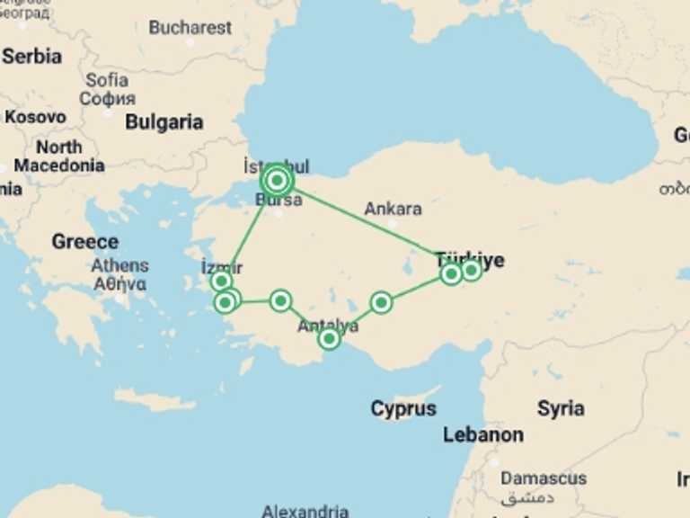 Map of Turkey Tour with 6 destination visits for the trip: Turkish Delight With Cappadocia