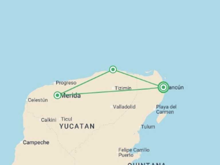 Map of Mexico Tour with 3 destination visits for the trip: Yucatan Pearls