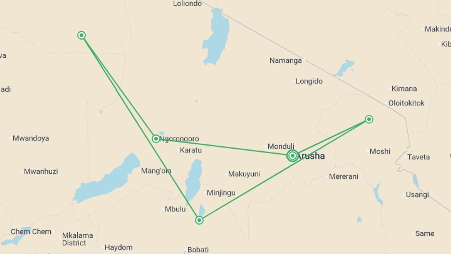 A map showing the tour itinerary for the trip: Wild About Tanzania - 10 days, starting in Arusha, Tanzania and ending in Arusha, Tanzania going through 4 other destinations.