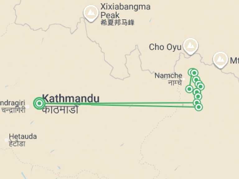 Map itinerary of Asia Tour in January 2026 with 14 destination visits for the trip: Gokyo & the Renjo La in Comfort