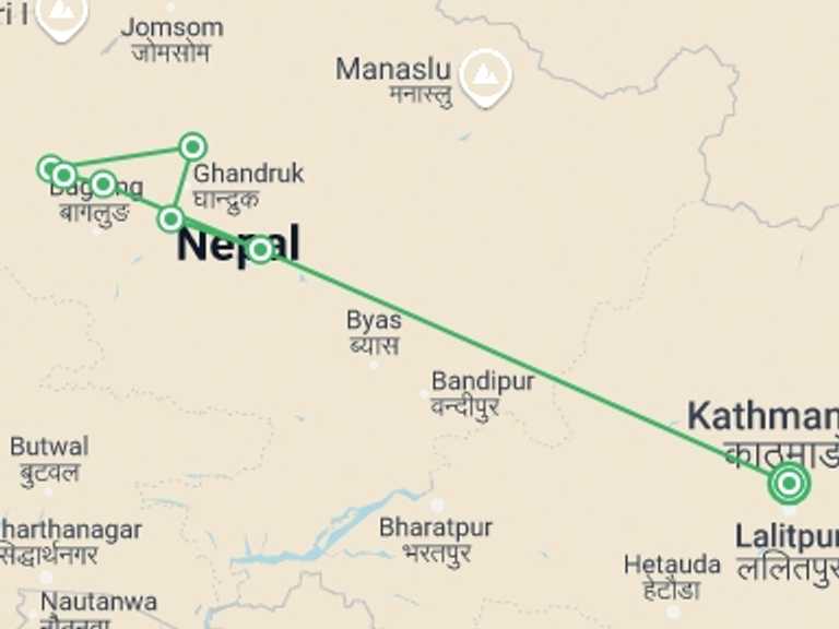 Map itinerary of Nepal Tour in Winter with 7 destination visits for the trip: Mohare Danda Trek
