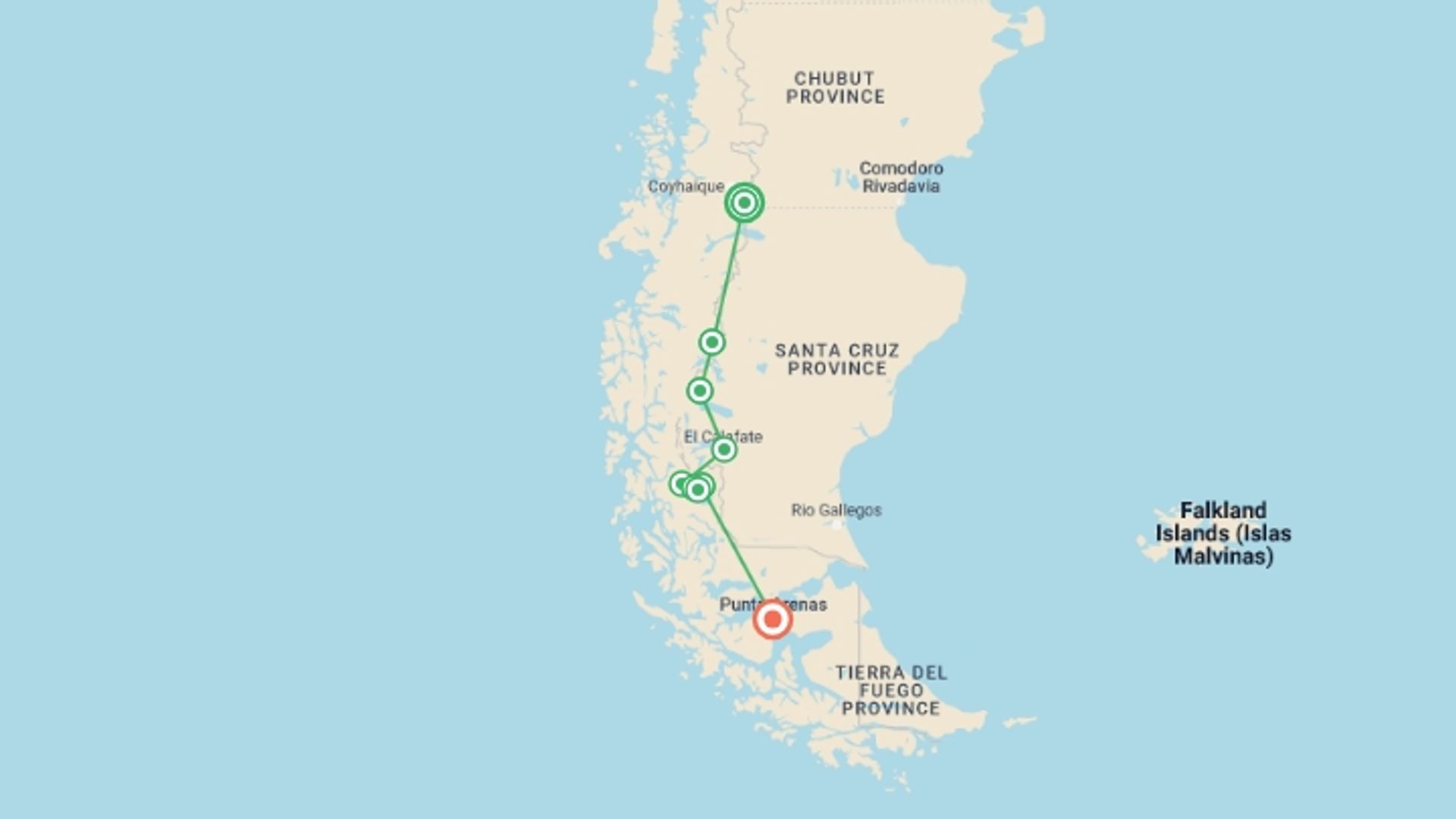 A map showing the tour itinerary for the trip: Great Patagonian Traverse, starting in Balmaceda, Chile and ending in Punta Arenas, Chile going through 9 other destinations.