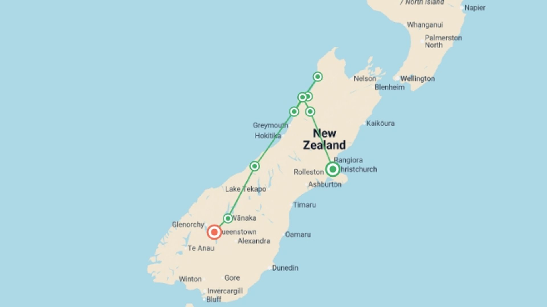 A map showing the tour itinerary for the trip: New Zealand West Coast Adventure, starting in Christchurch, New Zealand and ending in Queenstown, New Zealand going through 5 other destinations.