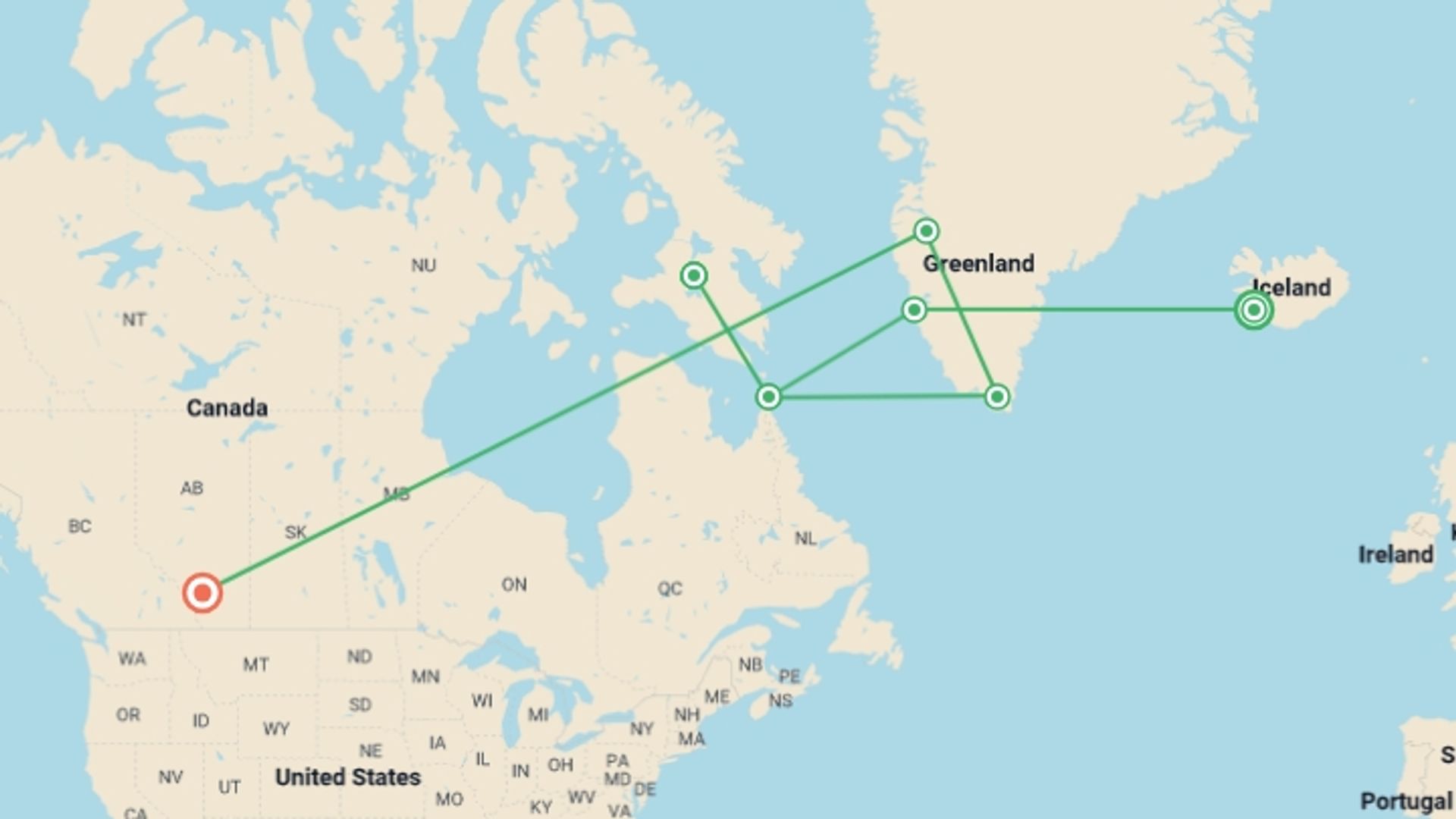 A map showing the tour itinerary for the trip: Northwest Passage: The Legendary Arctic Sea Route (Ocean Explorer), starting in Reykjavik, Iceland and ending in Calgary, Canada going through 5 other destinations.